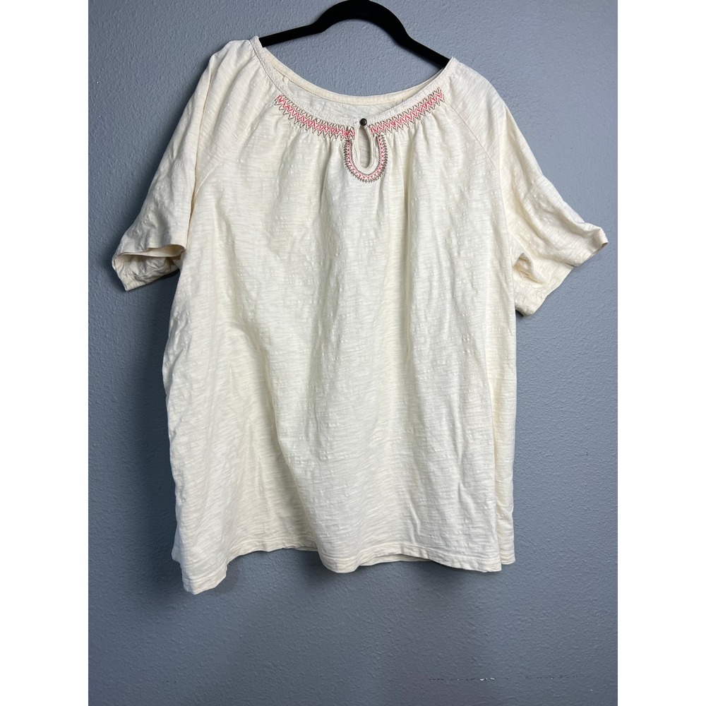 Catherines Malandrino Womens Boho 1X Cream Embroidered Keyhole Slub Cotton Top‎